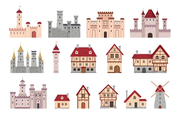 Vettore edifici medievali. antica città europea e casa di villaggio, cottage e mulino a vento. torre, castello e palazzo del fumetto. insieme di vettore di architettura del villaggio medievale, casa di facciata europea