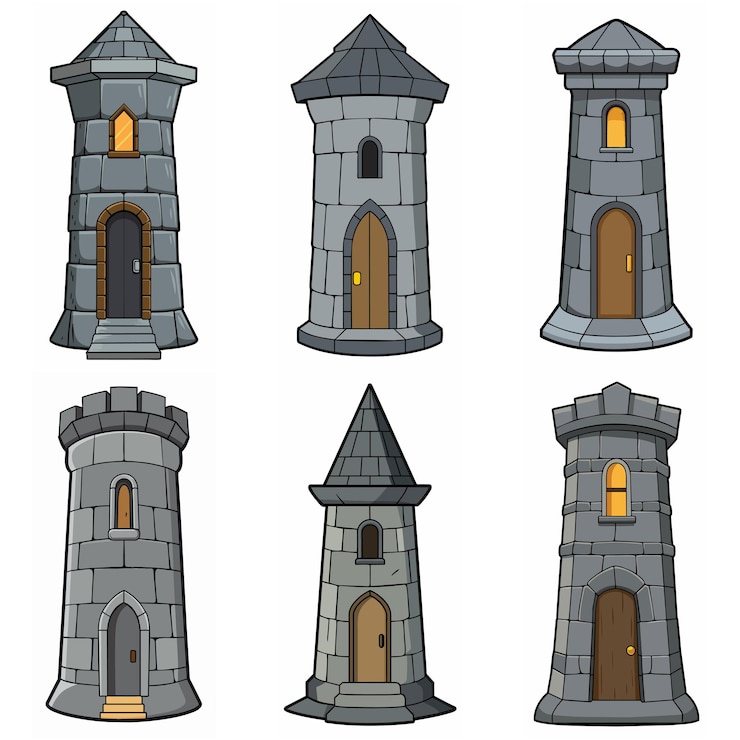 Vettore edifici medievali in mattoni di pietra torre di cancello del castello fortezza torre di guardia edificio in pietra stile rpg