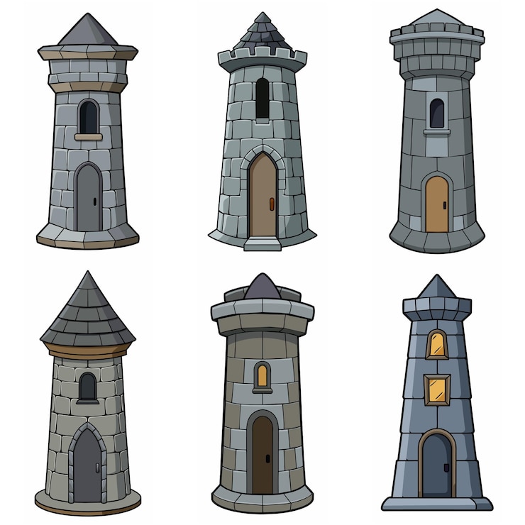 Vettore edifici medievali in mattoni di pietra torre di cancello del castello fortezza torre di guardia edificio in pietra stile rpg