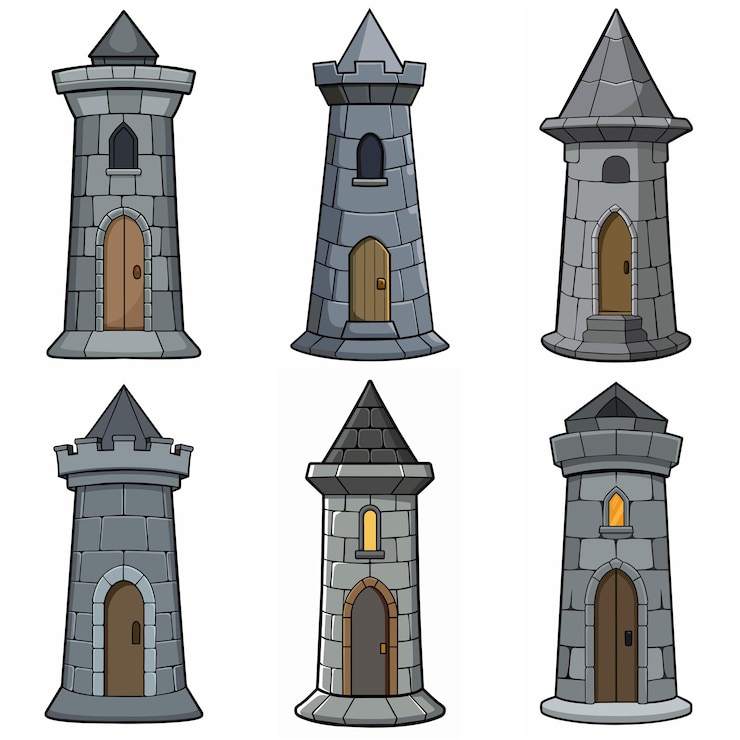 Vettore edifici medievali in mattoni di pietra torre di cancello del castello fortezza torre di guardia edificio in pietra stile rpg