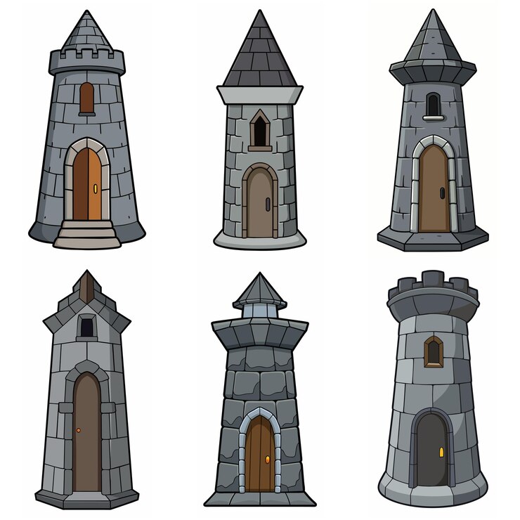 Vettore edifici medievali in mattoni di pietra torre di cancello del castello fortezza torre di guardia edificio in pietra stile rpg