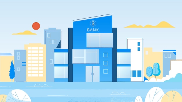 Edificio bancario moderno su sfondo blu
