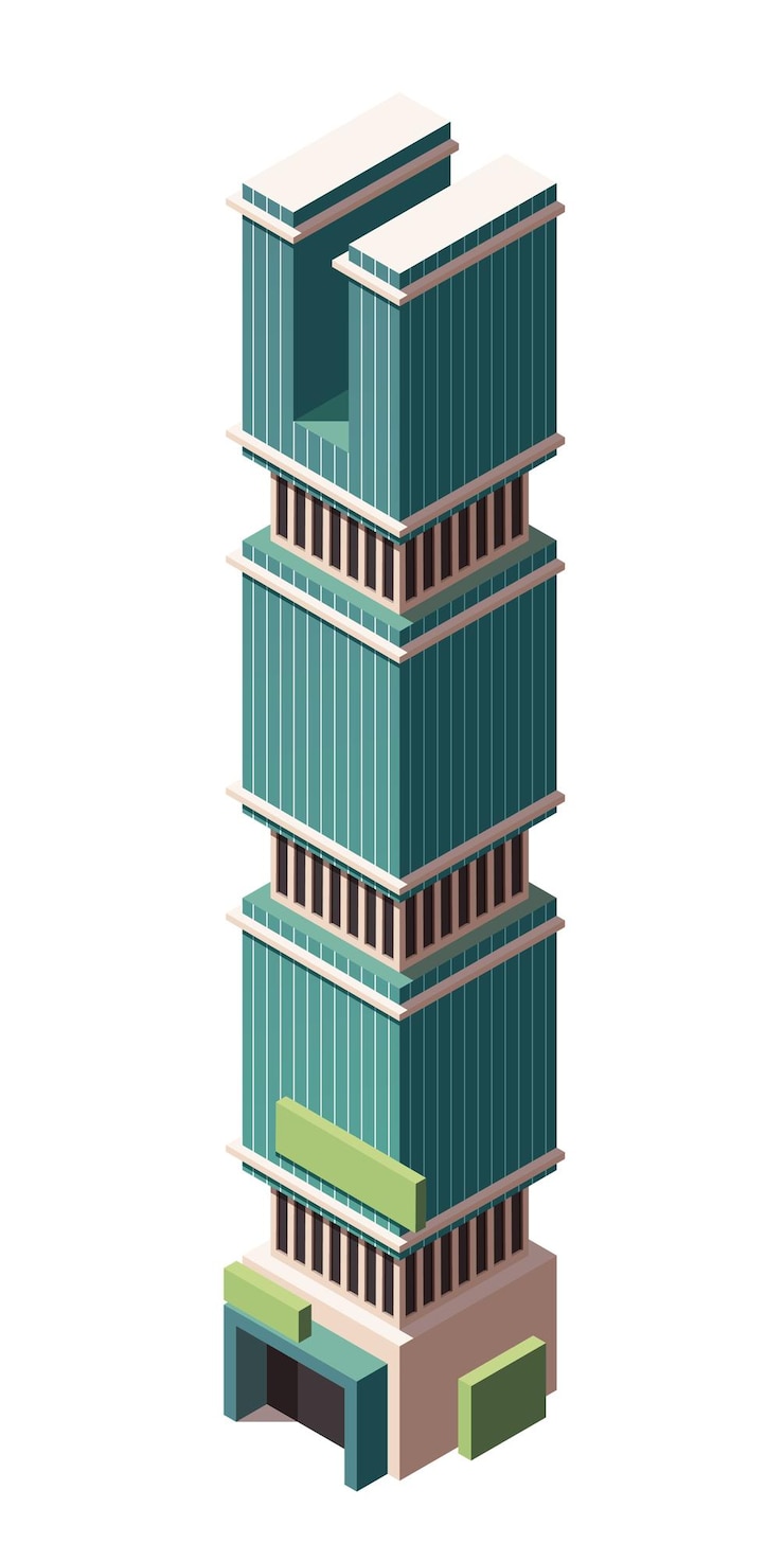 Vettore edificio della città icona isometrica immobili urbani grattacielo futuristico o ufficio comunale nel centro