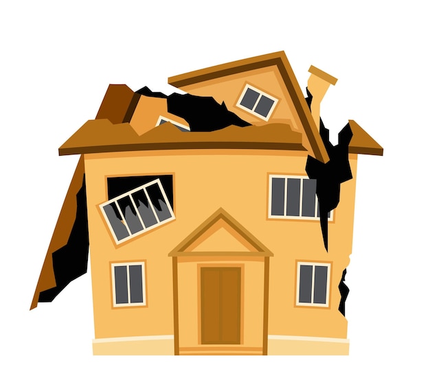 Edificio in rovina e incrinato Casa gialla dopo il disastro e la catastrofe Elemento grafico per il sito Web Demolizione e crollo Illustrazione vettoriale piatta del fumetto isolata su sfondo bianco