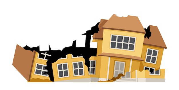 Edificio in rovina incrinato Casa gialla dopo il disastro e la catastrofe Modello e layout Demolizione e crollo rovine Piatto vettoriale illustrazione isolato su sfondo bianco