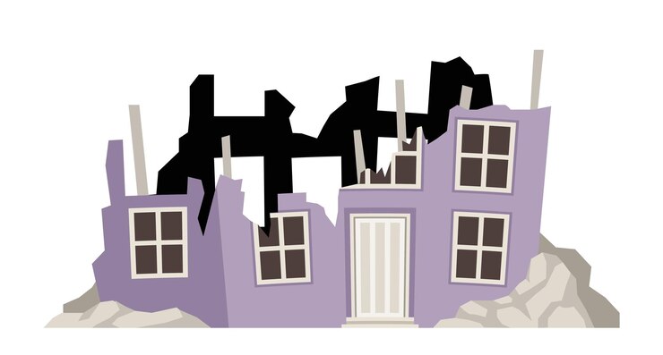Vettore edificio in rovina incrinato casa viola dopo il disastro e la catastrofe adesivo per i social network demolizione e crollo rovine piatto di vettore del fumetto isolato su priorità bassa bianca