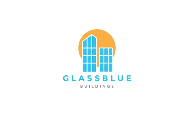 Edificio in vetro astratto con logo tramonto vettore simbolo icona design grafico illustrazione