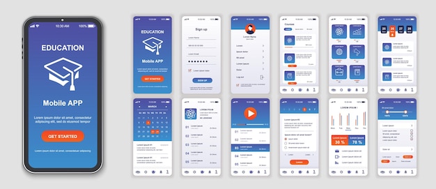 Education mobile app interface screens template set Online account courses lessons list university platform progress statistic Pack of UI UX GUI kit for application web layout Vector design