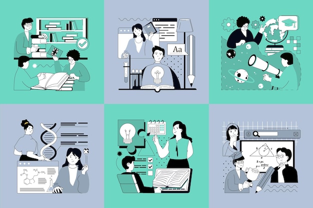 Education mobile app interface screens template set Online account courses lessons list university platform progress statistic Pack of UI UX GUI kit for application web layout Vector design