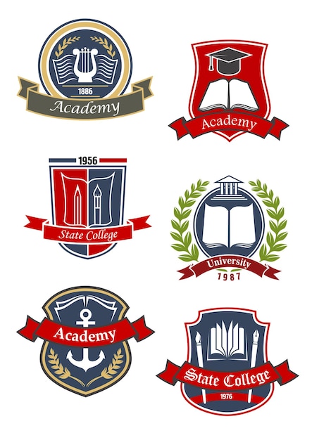 Educazione emblemi araldici e icone per college universitario e accademia con libri