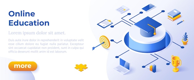 EDUCAZIONE ONLINE - Design isometrico in icone isometriche di colori alla moda su sfondo blu. Modello di layout banner per lo sviluppo di siti Web