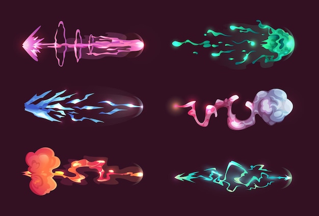 Effetti di colpo VFX di cartoni animati effetti luminosi di tiro con pistole laser sci-fi schizzi di armi fantastiche modelli vettoriali esatti