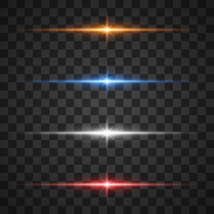 Vettore effetti di luce incandescente, stella scoppiata con scintillii su trasparente