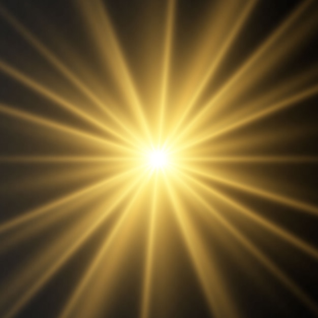 Effetti di luci incandescente dorati isolati su sfondo trasparente. Flash del sole con raggi e riflettore. L'effetto bagliore. La stella è scoppiata in splendore.