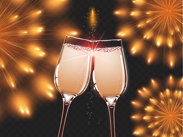 Effetti luminosi di fuochi d'artificio e bicchieri di champagne o di vino bianco isolati su uno sfondo trasparente V