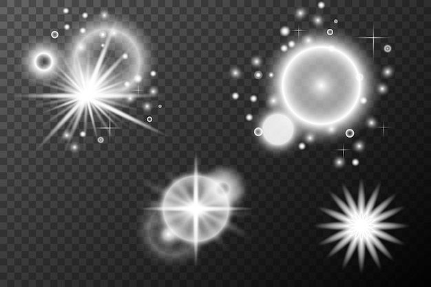 Effetto bianco leggero scintilla isolata esplosione del pneumatico linea di polvere scintilla solare scintilla stellare set vettoriale di luce solare