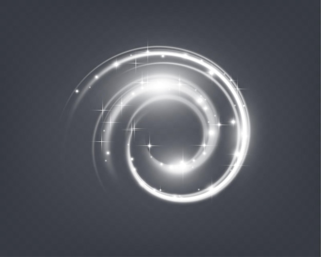 Effetto di luce a spirale su sfondo trasparente con tracce di luce bianca liscia e sfocamento del movimento