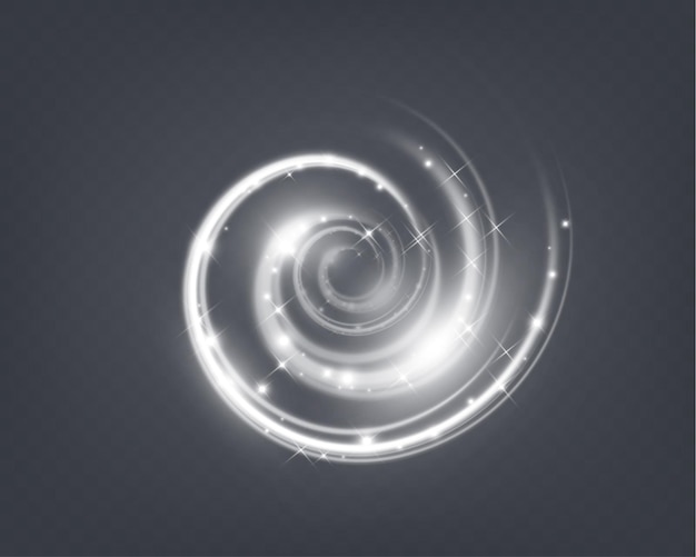 Effetto di luce a spirale su sfondo trasparente con tracce di luce bianca liscia e sfocamento del movimento