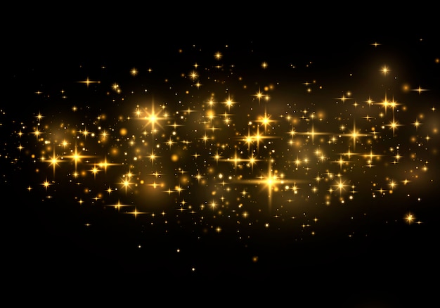 Effetto di luce elegante astratto su uno sfondo nero. Polvere gialla scintille gialle e stelle dorate brillano di luce speciale. sparkles Particelle di polvere magica scintillante.