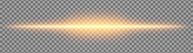 Effetto di luce gialla dorata orizzontale isolato su uno sfondo trasparente Raggio luminoso brillante con flare della lente e bagliore morbido Patch grafico di luce riflessa Raggi astratti Illustrazione vettoriale