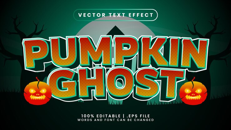 Effetto di testo modificabile 3d di Halloween fantasma zucca con sfondo verde luna e castello
