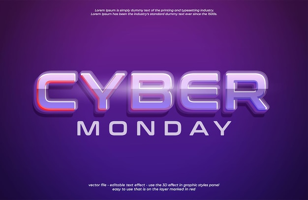 Effetto di testo vettoriale Cyber Monday con stile 3D