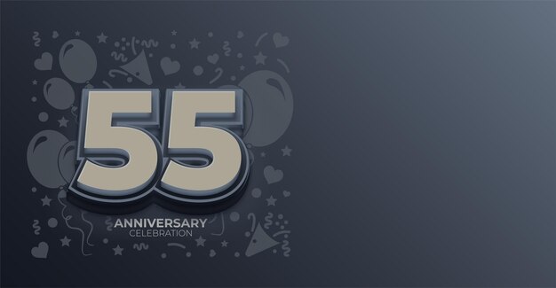 Effetto di tono grigio 3D 55 anni Buon anniversario o compleanno Banner vettoriale con spazio di copia