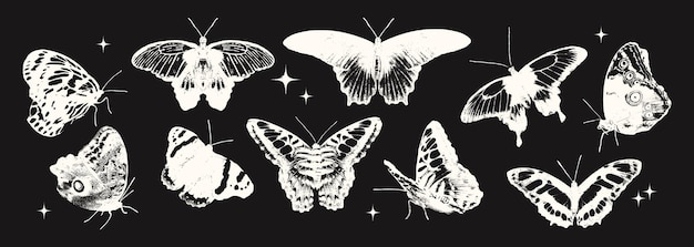 Effetto fotocopia delle farfalle elementi negativi illustrazione vettoriale del set