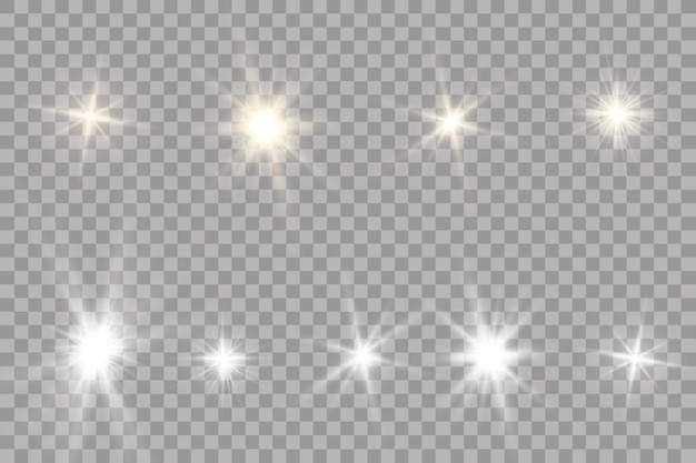 Effetto luce bagliore. Starburst con scintillii su sfondo trasparente. Illustrazione vettoriale. Dom.EPS 10
