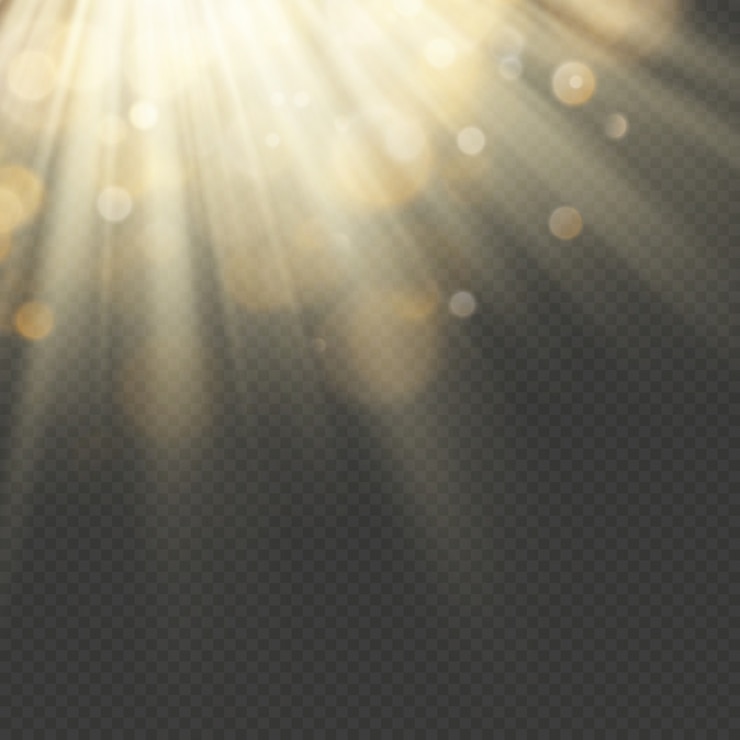 Vettore effetto luce con glitter, paillettes. raggi brillanti con bokeh. particelle di sole e scintille con un punto culminante.