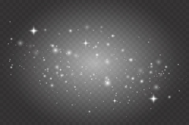 Effetto luce incandescente con molte particelle di glitter isolate su sfondo trasparente. Scintillanti particelle di polvere magica.