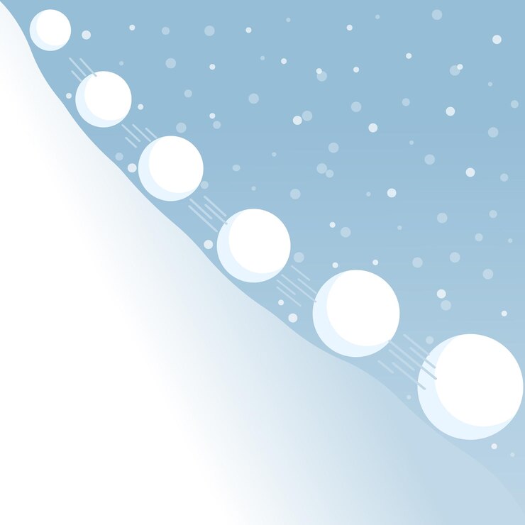 Vettore effetto palla di neve. palla di neve che rotola giù per la montagna. design invernale. modello di neve blu bianca. vettore.