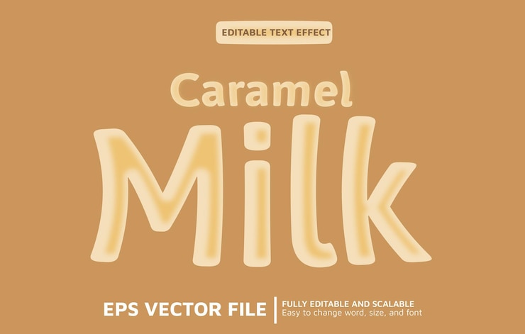 Vettore effetto testo modificabile con stile latte caramello liquido