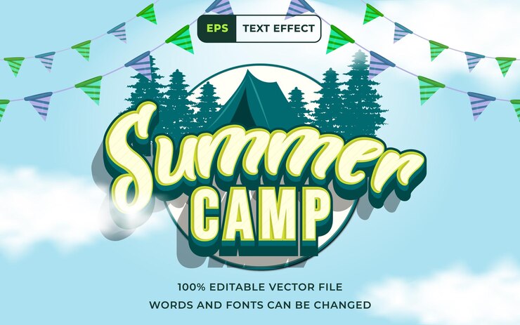 Effetto testo modificabile Happy Summer Camp 3D perfetto per banner elemento di design di vacanza