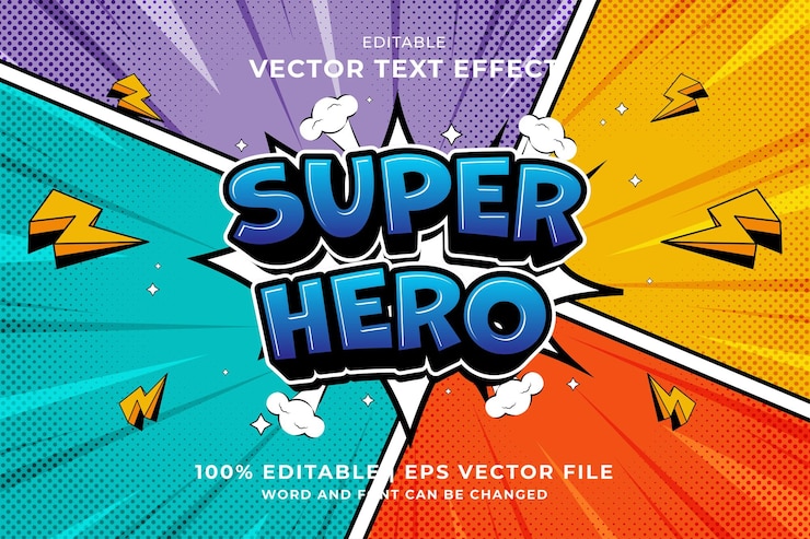 Vettore effetto testo modificabile super hero 3d cartoon comic style vettore premium