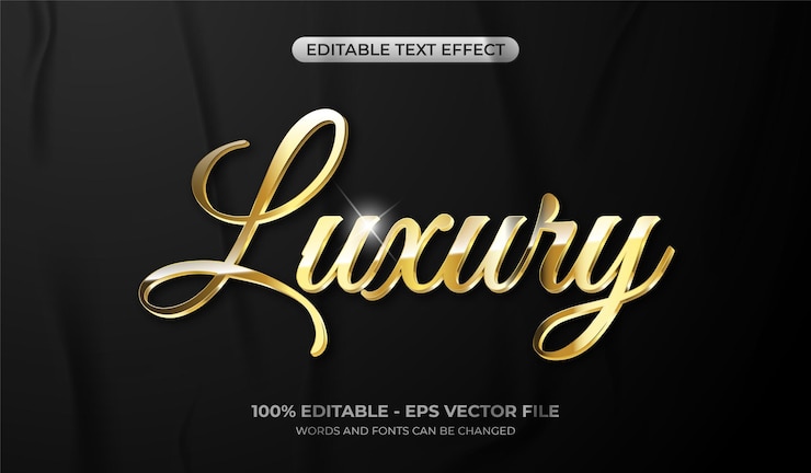 Vettore effetto testo oro di lusso 3d effetto testo metallico dorato lucido modificabile