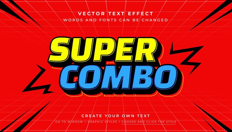 Effetto testo super combinato 3D modificabile da vettori Stile grafico tipografico con ombra nera audace su rosso
