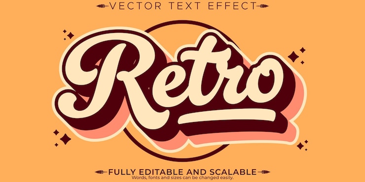 Vettore effetto testo vintage retrò modificabile in stile testo anni '70 e '80