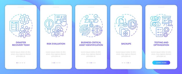 Efficace piano di ripristino di emergenza schermata dell'app mobile onboarding con gradiente blu