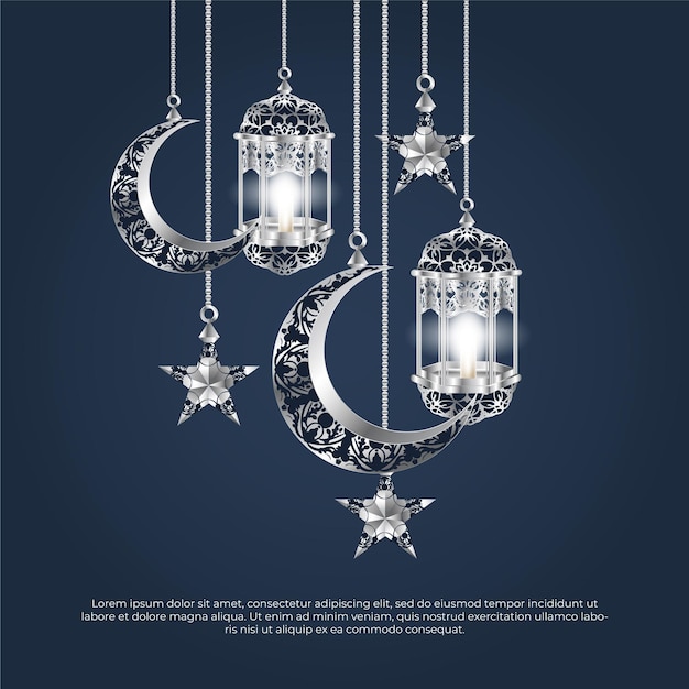 Eid al adha mubarak 3d argento 3d lampada lunare e disegno vettoriale stella