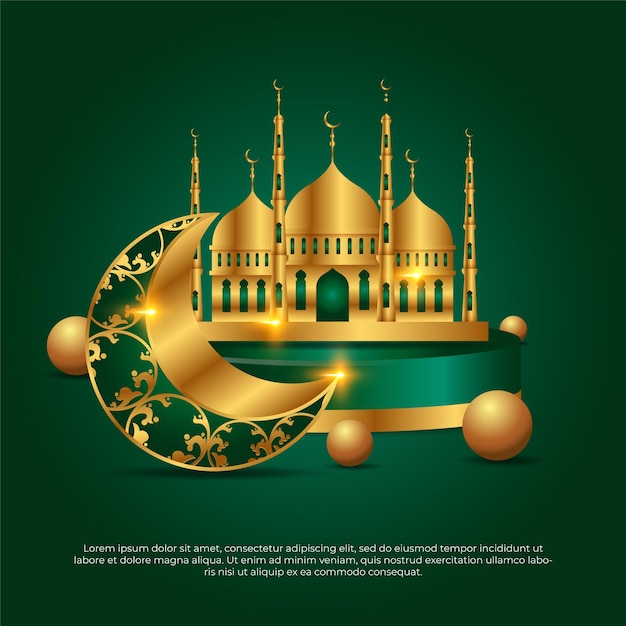 Eid al adha mubarak 3d verde e dorato moschea islamica luna disegno vettoriale