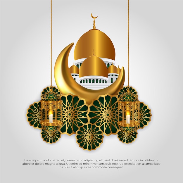 Eid al adha mubarak bella moschea islamica 3d golden moon mandala e lampada disegno vettoriale