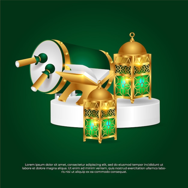 Eid al adha mubarak bellissima lampada islamica 3d verde quran e disegno vettoriale tamburo