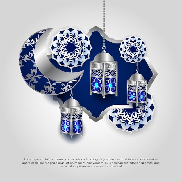 Eid al adha mubarak bellissimo 3d blu mandala islamico luna e lampada disegno vettoriale