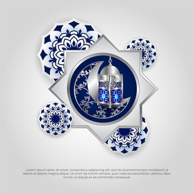 Eid al adha mubarak blu islamico 3d mandala luna e lampada disegno vettoriale