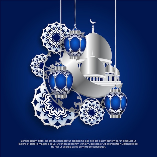 Eid al adha mubarak festival islamico 3d moschea e sfondo della lampada
