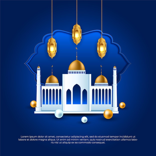 Eid al adha mubarak islamico 3d bellissimo disegno vettoriale lampada moschea blu e dorata