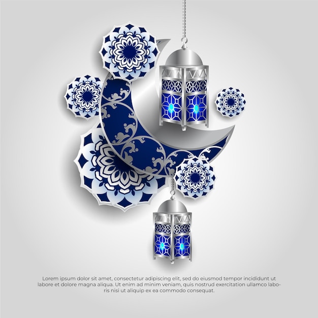 Eid al adha mubarak islamico 3d luna blu mandala e lampada disegno vettoriale