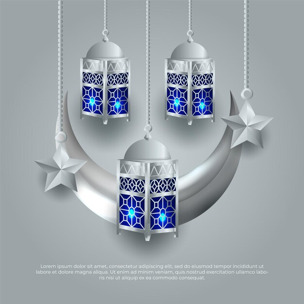 Eid al adha mubarak islamico 3d luna stella e lampada disegno vettoriale