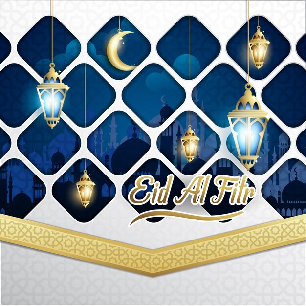 Eid Al- Fitr Background con Fanoos Lantern &amp; Mosque